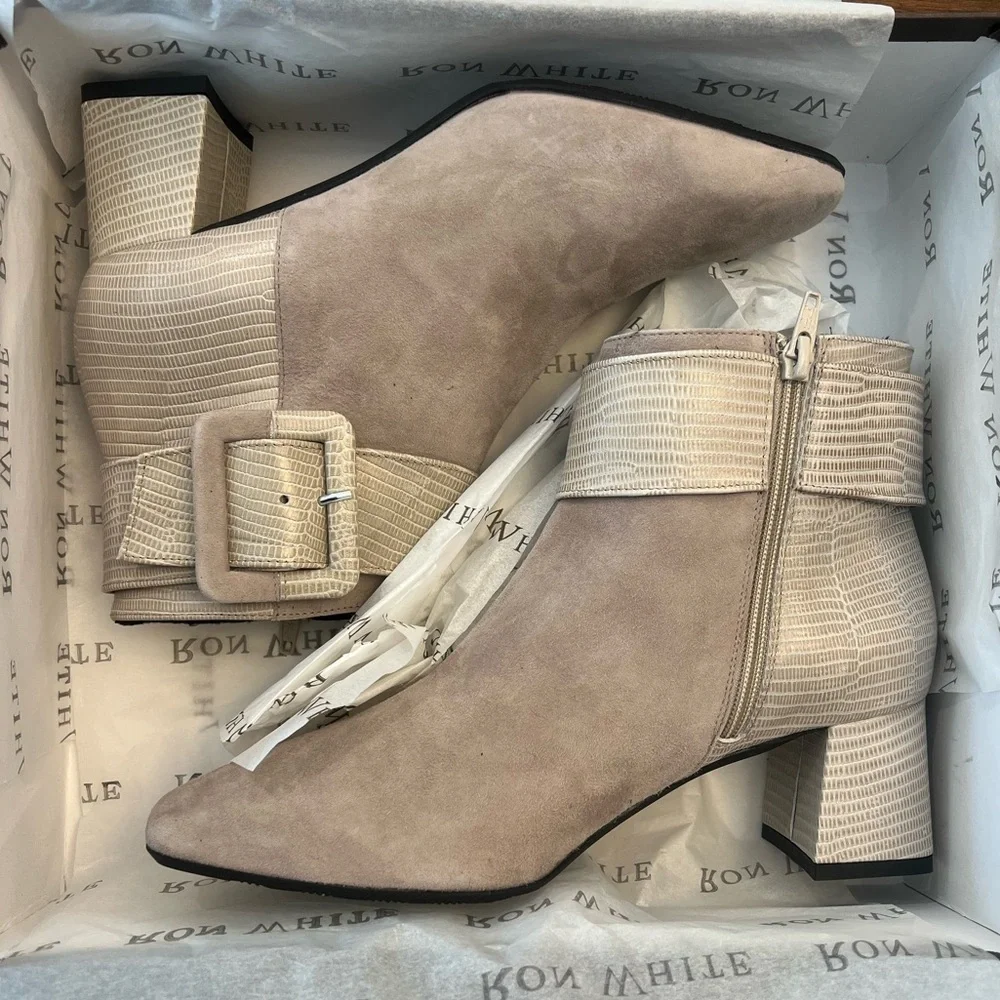 NWT Ron White Lana Cashmere Suede & Pearlized Embossed Lizard Buckle Bootie Lamb